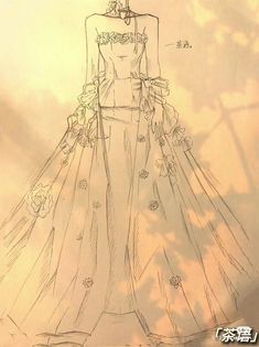 a drawing of a wedding dress with flowers on the skirt and neckline is shown