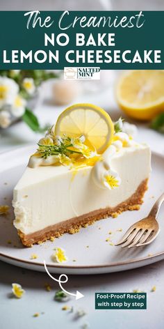 a slice of lemon cheesecake on a white plate