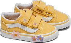 Cute Yellow Sneakers For Spring, Vans Sneakers For Spring, Vans Sneakers With Laces For Spring, Casual Striped Sneakers For Spring, Adjustable Lace-up Spring Sneakers, Spring Adjustable Lace-up Sneakers, Cute Vans Sneakers For Spring, Spring Vans Sneakers, V Flower