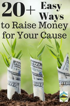 three stacks of money sitting in dirt with the words 20 easy ways to raise money for your cause