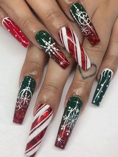 Christmas Nail Designs Red And Green, Christmas Coffin Acrylic Nails, Holiday Coffin Nails, Christmas Nail Designs Short, Christmas Candy Cane Nails, Christmas Candy Nails, Red And Green Nails, Candy Cane Nail Art, Cake Nails