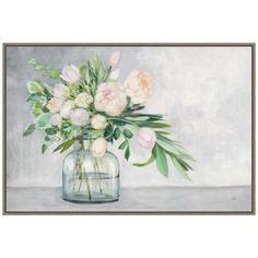 a painting of white and pink flowers in a glass vase on a gray table top