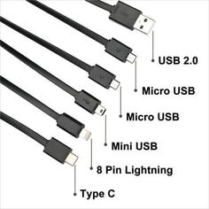 four different types of usb cables connected to each other with the names labeled below them