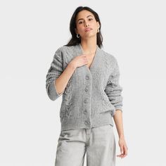 Women's Cozy Knit Cable Stitch Cardigan - Universal Thread™ Gray S Snug Knit Casual Outerwear, Relaxed Fit Knit Cardigan For Cold Weather, Casual Knit V-neck Winter Sweater, Gray Cable Knit Cardigan For Spring, Winter Textured Knit Relaxed Fit Cardigan, Gray Cable Knit Outerwear For Spring, Relaxed Fit Knit Cardigan, Relaxed Fit Knit Cardigan For Winter, Cable Stitch