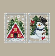 two cross stitch christmas cards with a snowman and a house on the left side