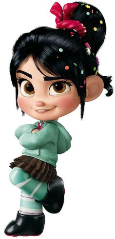 an animated cartoon character with black hair and brown eyes, sitting on top of a stool