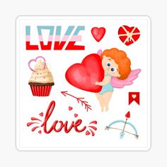 a cupcake with hearts, an angel and the word love sticker