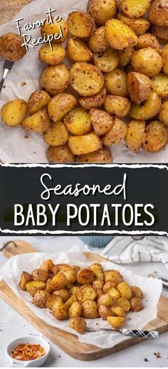 Collage of overhead shot of seasoned baby potatoes at top and pile of seasoned baby potatoes on cutting board at bottom. Air Fry New Potatoes, Small New Potatoes Recipe, Baby Russet Potato Recipes, Air Fryer Small Roasted Potatoes, Toasted Potatoes In Air Fryer, Small Golden Potatoes Recipes Air Fryer, Meals With Small Potatoes, What To Do With Small Potatoes, Airfryer Potato’s