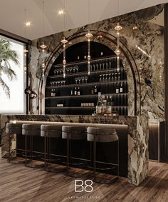 the bar is decorated with marble and lights