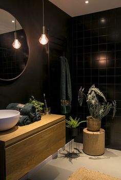 a bathroom with a sink, mirror and plants