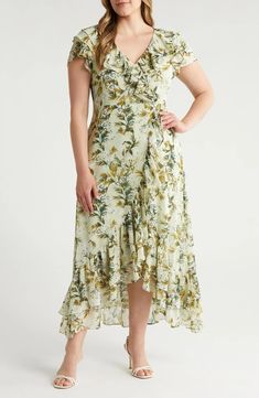 Chelsea28 Foliage Print Ruffle Faux Wrap Dress | Nordstrom Foliage Print, Flowery Dresses, Handkerchief Hem Dress, Latest Colour, Floral Ruffle, Faux Wrap Dress, Nordstrom Dresses, Wedding Guest Dress, Green Dress