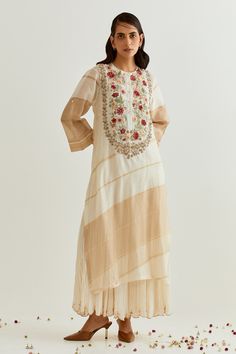 Pratima Pandey, Beige Kurta, Layered Kurta, Round Dress, Cotton Anarkali, Denim Embroidery, Kurta Dress, A Line Kurta, Gathered Dress