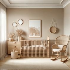 a baby's room with a rocking chair, crib and pictures on the wall