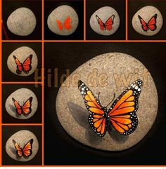 several pictures of rocks with butterflies painted on them