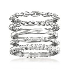 Ross-Simons - Sterling Silver Jewelry Set: Five Stackable Rings. Size 6. This set of five on-trend rings puts endless opportunity for stunning stacks at your very fingertips! Includes beaded, twisted, paper clip link, bamboo-style and polished bands, handcrafted in sterling silver. 3/8" wide when worn together. Sterling silver stackable ring set. Pearl Jewelry Shop, Sterling Silver Stackable Rings, Emerald Necklace Pendant, Silver Jewelry Set, Stackable Rings Silver, Sterling Silver Stacking Rings, Silver Stacking Rings, Silver Jewellery Sets, Stacked Jewelry