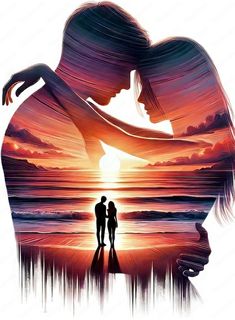 two people standing next to each other in front of a sunset