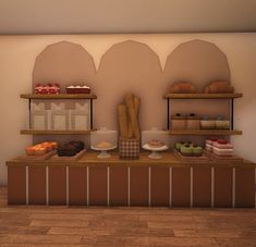 a display case filled with lots of different types of cakes and pastries on wooden shelves