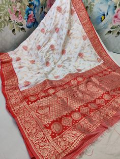 *White Red Durga*Pujo Special* Pure Dola Silk Saree With Weaving Zari Work Dola Silk Saree, Zari Work, Silk Saree, Saree Designs, Silk Sarees, Art Collection, Weaving, Bathing Beauties, Display Homes