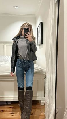 Grey Winter Dress Outfit, Long Boots With Jeans Outfit, Grey Turtleneck Outfit Aesthetic, Fall Leather Pants Outfit Casual, Leather Jacket Turtleneck Outfit, London Outfits Fall 2024, Outfit With Boots And Jeans, Leather Jacket With Turtle Neck, Winter Outfit Ideas For Women Casual