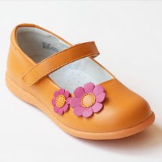 L'Amour Girls J348 Tangerine Sporty Flower Mary Janes Tangerine Color, Flower Applique, Velcro Straps, Mary Janes, Baby Shoes