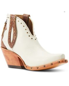 Ariat Casanova Boots White, Western Cream Heeled Boots With Snip Toe, Western Cream Ankle Boots, White Western Ankle Heeled Boots, Cream Ankle-high Western Boots, Womens Cowgirl Boots, Veg Tan Leather, Wood Bridge, Cowgirl Boots