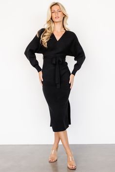 Sammi Faux Wrap Dress | Black Sweater Wrap Dress, Black Overall Dress, Wrap Dress Black, Dresses Velvet, Sweater Wrap, Baltic Born, Fall Dress, Midi Length Skirts, Black Wrap Dress