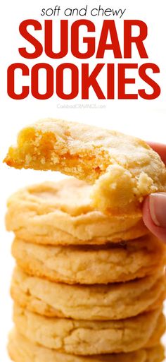 a stack of sugar cookies on top of each other with the words, soft and chewy sugar cookies