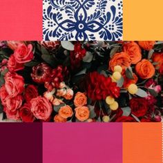 an assortment of different color swatches with flowers in the middle and bottom half,