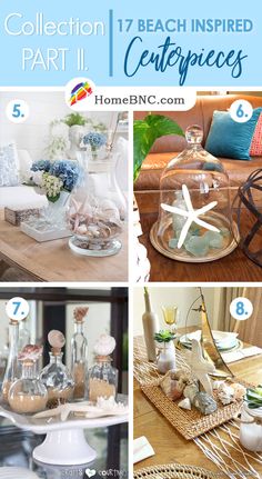 beach inspired centerpieces are featured in this collage