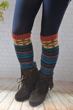 Casual Winter Festival Leg Warmers, Casual Knitted Leg Warmers, Warm Multicolor Socks For Winter, Blue Knee-high Leg Warmers For Winter, One Size Acrylic Leg Warmers, Warm Multicolor Winter Socks, One-size Acrylic Leg Warmers, Cozy Acrylic Leg Warmers One Size, Casual Multicolor Knee-high Socks For Winter