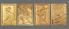 Special 4-Pak Collection of Art Deco Bas-Relief recreation of Rene Paul Chambellan described as Machine Age of 1-Man Holding Fire, 2-Man Holding Spike, 3-Man Leaning,  and 4-Man Thinking as fraternal mates forever. The original full-sized objects are found, today in the NYC Chanin Building (Visited often by myself) and represents Chambellan's penchant for festooning American lobbies, porticos and facades of early 20th century architecture. Please note: As with any Hydrocal or Jesmonite plaques, Machine Age, Art Deco Decor, Relief Sculpture, Interior Deco, Unique Wall Art, Art Collector, Early 20th Century, New Yorker, Art Object