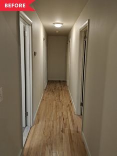 an empty hallway with hard wood flooring and white walls before and after remodel