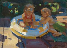 an oil painting of two children playing in a kiddie pool with their mother and dad