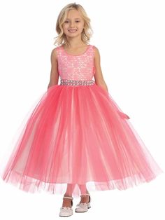 Coral Lace & Tulle Dress w/ Rhinestone Belt Girls Graduation Dresses, Cotton Lace Dress, Tea Length Tulle, Tule Rok, Layer Skirt, Illusion Tulle, Junior Bridesmaid Dress