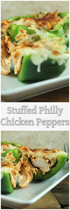 stuffed philly chicken peppers on a white plate with the title above it in two separate images