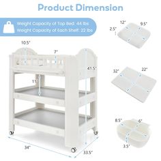 the baby changing table is shown with measurements for each drawer and trays to be placed on