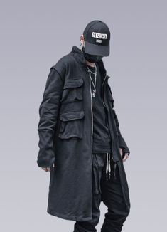 techwear long coat Techwear Coat, Japanese Techwear, Futuristic Outfits, Techwear Jacket, Apocalyptic Clothing, Black Slim Pants, Oversize Coat, Techwear Pants, Technical Clothing