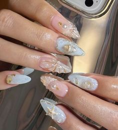 Blue Shell Nails, Summer Shell Nails, Shell Acrylic Nails, Nails Festival, Shell Nails, Nails Vacation, Seashell Nails, Real Nails, Beachy Nails