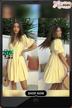 Urban Casual Women's Short Sleeve V-neck Big Swing Dress Casual Yellow V-neck Dress, Casual Mini Length V-neck Dress For Brunch, Spring V-neck Short Sleeve Dress For Day Out, 20 % Off, Swing Dress, Casual Women, Composition, Womens Shorts, V Neck