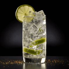 a glass filled with ice and lime slices