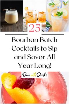 Collage of 4 bourbon batch cocktails. Bourbon Large Batch Drinks, Large Batch Bourbon Punch, Bourbon Sour Cocktail Recipes, Bourbon Drinks For A Crowd, Whiskey Cocktails For A Crowd, Bourbon And Bbq Party, Sweet Bourbon Drinks, Batch Cocktails Wedding, Bourbon Cocktails For A Crowd