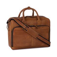 a brown leather briefcase on a white background