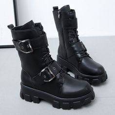 Gothic Punk Platform Boots, High Chunky Platform Boots, Riding Boots, Long Boots, Zipper Boots. PU Leather Boots. Combat Boots, Biker Boots, Punk Boots, Gothic Boots. Black Women's Boots.

Super cool punk, biker style mid calf boots are the perfect boot for everyday wear.
Made from high quality PU leather with round toe, buckle straps, lace up, and side zip up closure, low chunky square heel, and seam detailing, they provide both comfort and support for you during your busy day. 
Strong, sturdy Winter Combat Boots For Concerts With Round Toe, Winter Concert Platform Boots, Winter Martin Boots With Round Toe For Concerts, Punk Style Winter Platform Ankle Boots, Edgy Black Knee-high Martin Boots, Grunge Boots With Buckle Closure For Fall, Punk Style Ankle Platform Boots For Winter, Punk Style Platform Ankle Boots For Winter, Black Knee-high Edgy Martin Boots