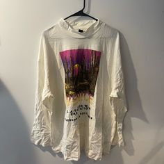 Never Worn Before. Soft Material With A Cool Design. White Tops For Fall Streetwear, White Relaxed Fit Shirt For Fall, White Long Sleeve Top With Graphic Print, White Long Sleeve Tops With Graphic Print, Oversized Long Sleeve Top With Graphic Print, Oversized White Spring Tops, Oversized Graphic Print Shirt For Fall, White Oversized Graphic Tee, Turtleneck And Tshirt