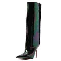 Featuring a captivating iridescent green patent finish alongside sleek black accents, these knee-high boots boast a stiletto heel that exudes sophistication and style for the fashion-forward individual. Color: Black green Heel Type: Stiletto heel Heel height: 4" / 100 mm approx Shaft height: 11.81'' / 300 mm approx Product measurements were taken using size 8. Please note that measurements may vary by size. Toe: Pointed Toe Iridescent patent finish design Handcrafted US sizing. Fits true to size. Glossy Party Boots, Chic Glossy Finish Boots For Parties, Glossy High Heel Party Boots, Glossy Finish High Heel Party Boots, Elegant Glossy Evening Boots, Sleek Patent Leather High Heel Knee-high Boots, Modern High Heel Knee-high Boots For Party, Sleek Patent Leather Knee-high Boots With High Heel, Modern High-heel Knee-high Boots For Party