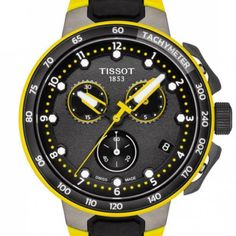 New In Box With Tags Made In Switzerland T111.417.37.201.00 Pvd Stainless Steel Case, Silicone Strap. Fixed Yellow Pvd Bezel . Chronograph - Three Sub-Dials Displaying: 60 Second, 30 Minute And 1/10th Of A Second. Eta G10.212 Quartz Movement. Scratch Resistant Sapphire Crystal Case Size: 44.50 Mm. Case Thickness: 11.4 Mm Band Width: 18 Mm. Water Res. At 100 Meters / 330 Feet. Functions: Chronograph, Tachymeter, Date, Hour, Minute, Second. T-Race Cycling Tour De France 2020 Series. Sport Watch Yellow Chronograph Watch With Tachymeter, Tissot T Race, Cycling Tour, Sapphire Crystal, Quartz Movement, Stainless Steel Case, Chronograph, Accessories Watches, Cycling