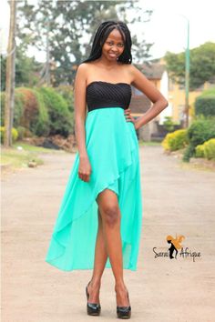 We love how this strapless bodice shows off your sun-kissed shoulders and the cut out at the back adds some edge.for this whole lookShop at www.saraiafrique.com Green And Black Dress, Blue Stilettos, Blue Heels, True Blue, Green And Black, Sea Green