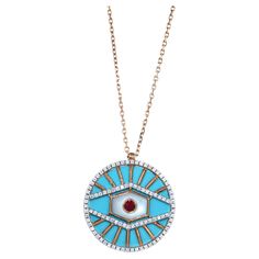 Diamond Halo Evil Eye Turquoise 18K Rose Gold Pendant Charm Medallion Necklace Turquoise Gemstone (Around 5 Carats) Mother of Pearl 0.40 cts Diamonds 0.20 cts Ruby Adjustable 18K Rose Gold chain 16-20 inches 20MM Diameter Medallion charm Diamond Evil Eye Pendant Necklace, Luxury Enamel Medallion Necklace, Fine Jewelry Evil Eye Pendant, Turquoise Evil Eye Round Pendant Jewelry, Yellow Gold Evil Eye Round Pendant Jewelry, Rose Gold Pendant, Rose Gold Chain, Medallion Necklace, Turquoise Gemstone