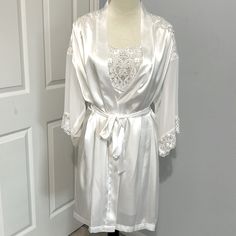 Nwot Never Worn Bright White Silky Soft Dentelle Nightie With Robe. Matching Lace On Both Pieces. Robe Has Pockets (!) And Sheer Sleeves. Nightie Has Sheer Insets On Front. Adjustable Straps. All Ties And Loops In Tact. Received As Gift And Never Wore. Non-Smoking Home. Elegant Night Sets With Lace Trim, Satin Sets With Lace Trim For Wedding Night, Long Sleeve Lace Trim Sets For Wedding Night, Satin Lace Trim Sets For Wedding Night, Fitted Lace Trim Sleepwear Set, Fitted Sets With Lace Trim For Wedding Night, Fitted Lace Trim Sets For Wedding Night, White Lace Loungewear Sets, White Lace Sets For Loungewear