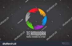 teamwork logo with colorful hands holding each other in the middle of it, on a dark